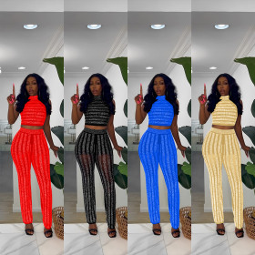 Sexy mesh perspective women's ironing trousers sleeveless fashion suit