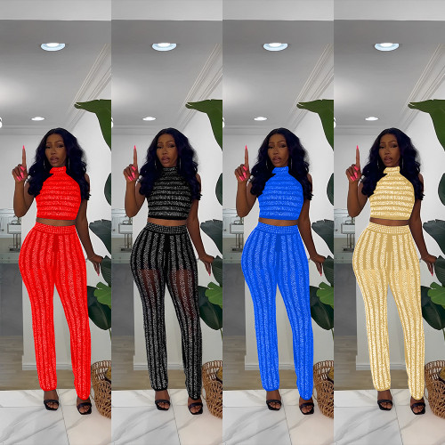 Sexy mesh perspective women's ironing trousers sleeveless fashion suit