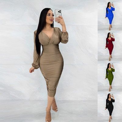 Women's V-neck pleated hip wrap dress dress