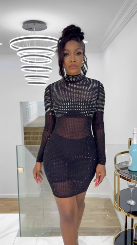 Mesh Perspective Dress Scalded Long Sleeve High Neck Hip Wrap Dress