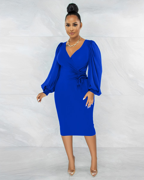 Elegant women's V-neck hip wrap dress dress