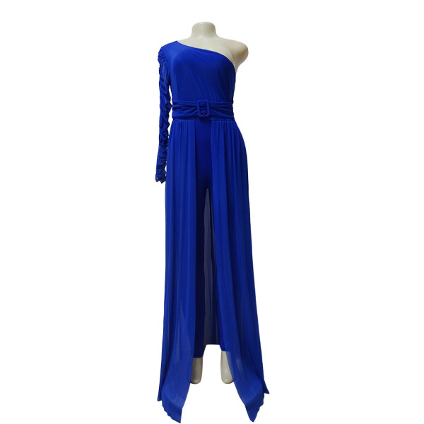 Diagonal shoulder mesh long sleeve tight women's one-piece pants with belt