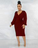 Elegant women's V-neck hip wrap dress dress