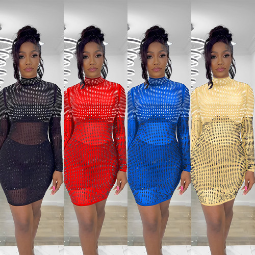 Mesh Perspective Dress Scalded Long Sleeve High Neck Hip Wrap Dress