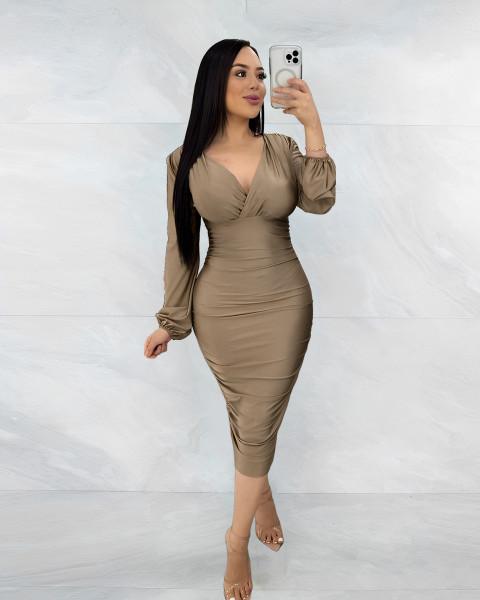 Women's V-neck pleated hip wrap dress dress