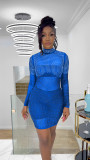 Mesh Perspective Dress Scalded Long Sleeve High Neck Hip Wrap Dress