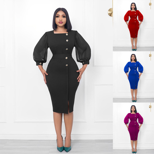 Temperament women's square neck button panel hip wrap skirt