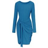 Women's fashion round neck long sleeve solid color slim women's dress
