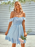 Casual off shoulder ruffled stripe dress
