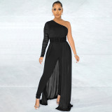 Diagonal shoulder mesh long sleeve tight women's one-piece pants with belt