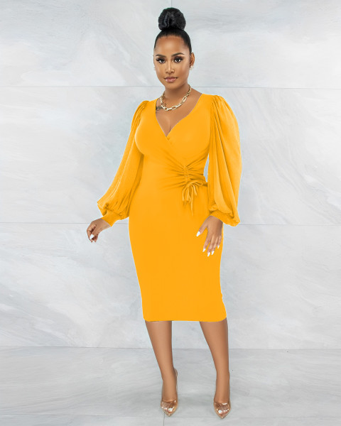 Elegant women's V-neck hip wrap dress dress