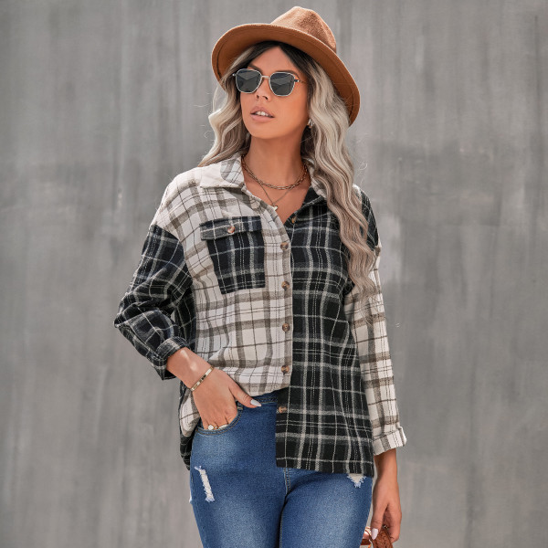 Women's long sleeve loose shirt with lapel plaid top