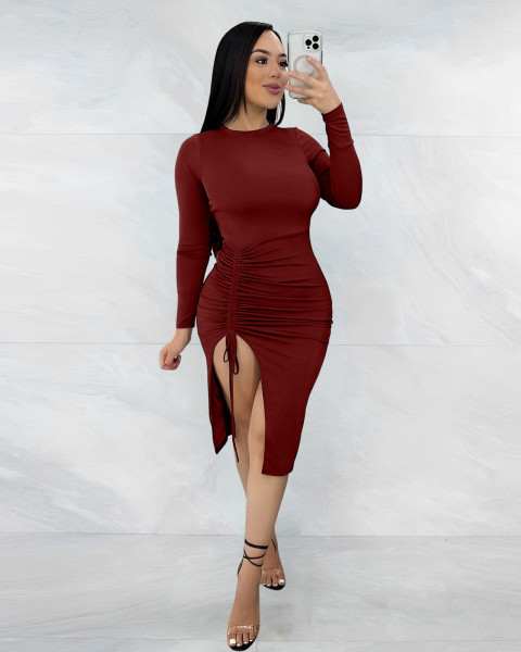 Women's drawstring hip wrap dress dress