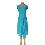 Temperament cross neck ruffle patchwork skirt