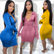 Women's pleated hip wrap dress dress