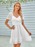 Casual women's spring and summer style V-neck solid color waist closing short sleeve dress