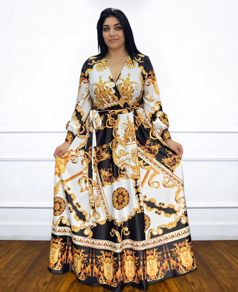 Positional printed V-neck dress with belt swing