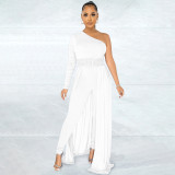 Diagonal shoulder mesh long sleeve tight women's one-piece pants with belt