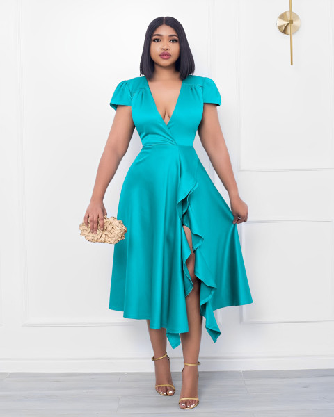 Temperament cross neck ruffle patchwork skirt