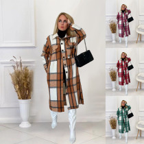 Woolen plaid shirt loose women's medium long coat Woolen plaid shirt loose women's medium long coat