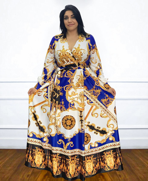 Positional printed V-neck dress with belt swing