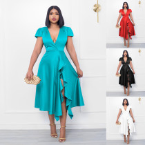 Temperament cross neck ruffle patchwork skirt