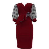Women's knitting patchwork dot print bubble sleeve pencil dress