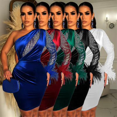 Sexy Mesh Splice Women's Gold Velvet Oblique Shoulder Long Sleeve Fur Lace Hip Wrap Dress