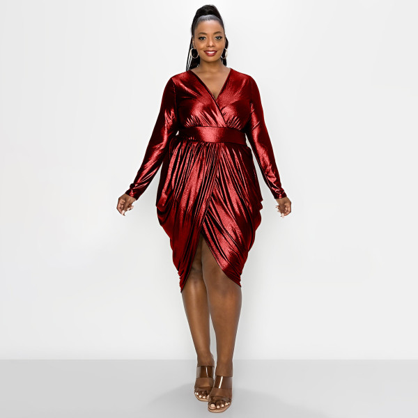 Women's V-neck pleated irregular skirt oversize dress
