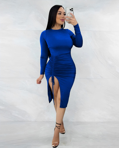 Women's drawstring hip wrap dress dress