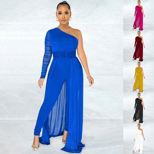 Diagonal shoulder mesh long sleeve tight women's one-piece pants with belt