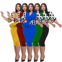 Women's knitting patchwork dot print bubble sleeve pencil dress