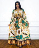Positional printed V-neck dress with belt swing