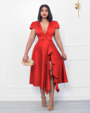 Temperament cross neck ruffle patchwork skirt