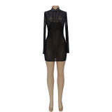 Mesh Perspective Dress Scalded Long Sleeve High Neck Hip Wrap Dress