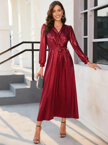 V Neck Slim Lace up Stamping Dress