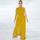 Diagonal shoulder mesh long sleeve tight women's one-piece pants with belt