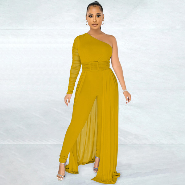 Diagonal shoulder mesh long sleeve tight women's one-piece pants with belt