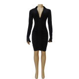 Women's pleated hip wrap dress dress