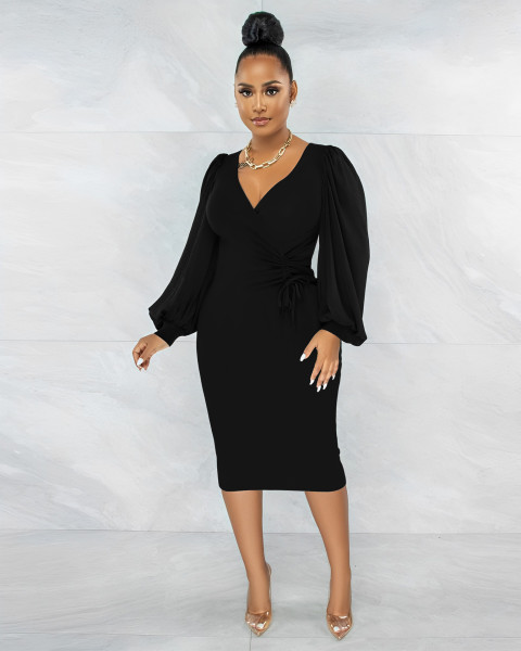 Elegant women's V-neck hip wrap dress dress