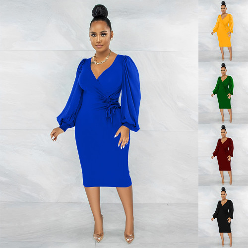 Elegant women's V-neck hip wrap dress dress