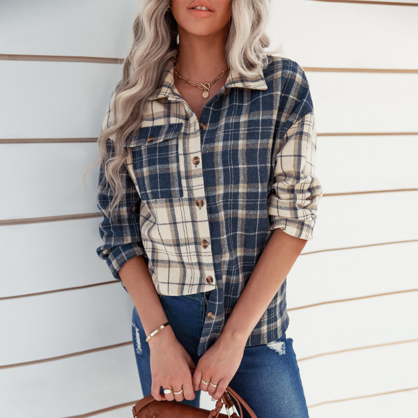 Women's long sleeve loose shirt with lapel plaid top