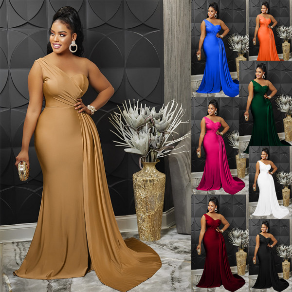 Women's slanted shoulder fishtail dress evening dress