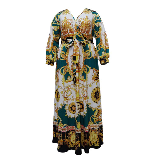 Positional printed V-neck dress with belt swing