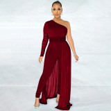 Diagonal shoulder mesh long sleeve tight women's one-piece pants with belt
