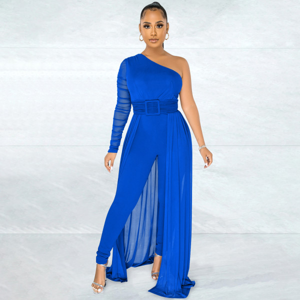 Diagonal shoulder mesh long sleeve tight women's one-piece pants with belt