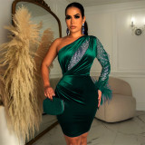 Sexy Mesh Splice Women's Gold Velvet Oblique Shoulder Long Sleeve Fur Lace Hip Wrap Dress