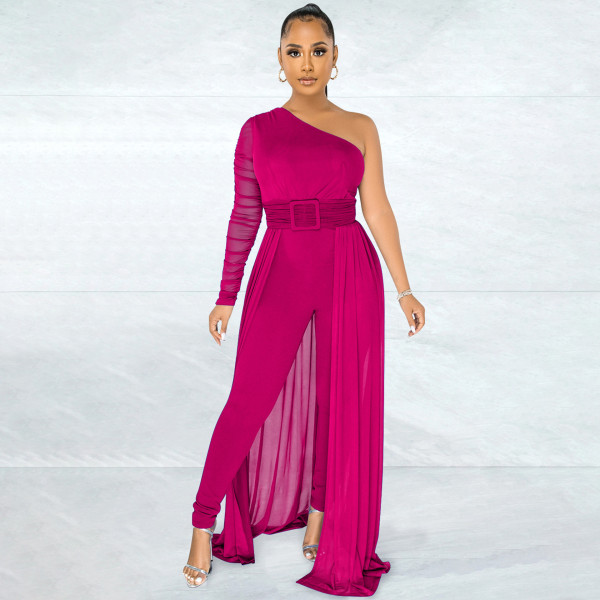 Diagonal shoulder mesh long sleeve tight women's one-piece pants with belt