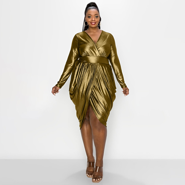 Women's V-neck pleated irregular skirt oversize dress