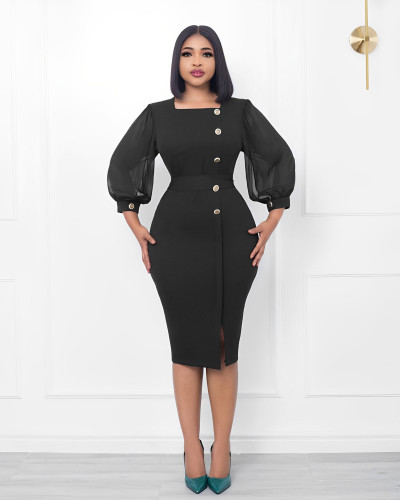 Temperament women's square neck button panel hip wrap skirt